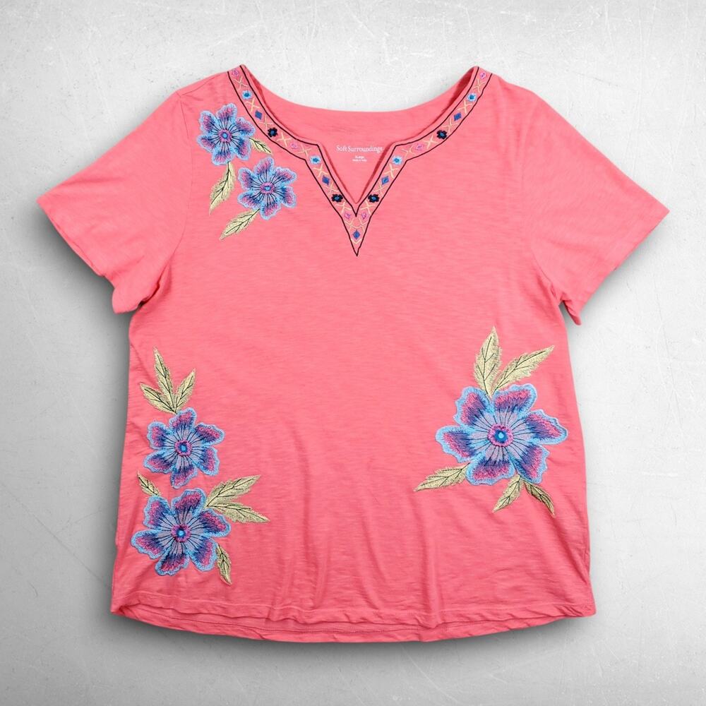 Soft Surroundings Floral Embroidered Blouse Top Women XL Salmon Lightweight Boho